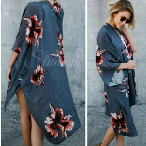 🆕BOHO CHARCOAL FLORAL KIMONO DUSTER - Picture 5 of 5